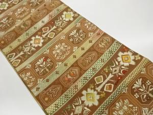 本場筑前博多横段に花葉・幾何学模様織出し名古屋帯